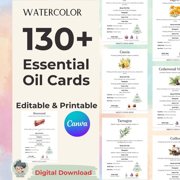 130+ Essential Oil Cards Watercolor fully editable in Canva : Digital Download