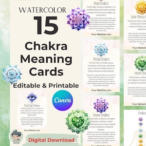 15 Chakra Cards Watercolor fully editable in Canva , Chakra meanings : Digital Download