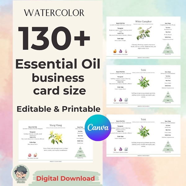 130+ Essential Oil business card size Watercolor fully editable in Canva : Digital Download