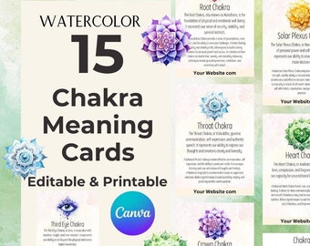 15 carte dei chakra acquerellabili completamente modificabili in Canva, significati dei chakra: download digitale