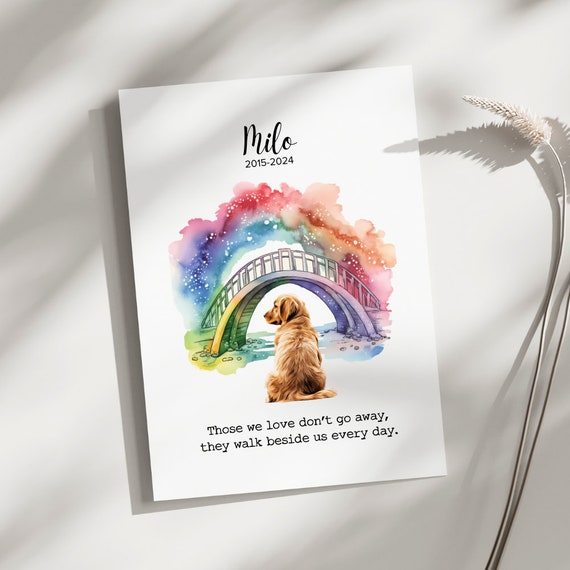 Personalised Dog Memorial Card – Custom Pet Loss Sympathy Card With Photo & Name, Rainbow Bridge Watercolour Art, Keepsake Remembrance