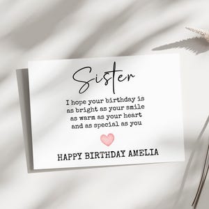 Carte d'anniversaire soeur personnalisée, carte d'anniversaire soeur spéciale, carte d'anniversaire soeur, carte d'anniversaire émouvante pour soeurs, carte de visite personnalisée