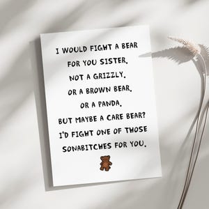Carte d'anniversaire pour soeur, carte d'anniversaire drôle, carte de soeur drôle, carte de soeur, merci d'être ma soeur, merci combattre un ours carte