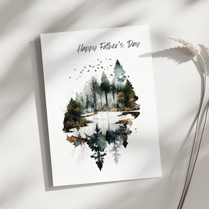 Carte de fête des pères, carte de fête des pères des bois, montagnes, arbres à l'extérieur, carte des papas, carte de fête des pères aventure, carte de fête des pères aquarelle