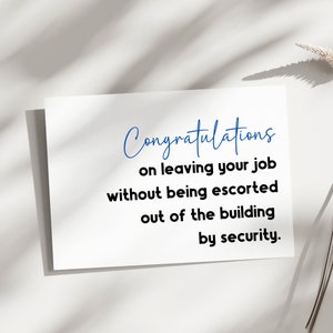 Carte de retraite, carte d'adieu, carte d'adieu, collègue qui part pour un nouvel emploi, carte drôle, carte de départ drôle retraite sarcastique, par sécurité