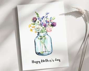 Carte de fête des mères fleur, carte florale de fête des mères, fleurs sauvages dans un pot Mason, carte de fête des mères fleur jolie doodle design floral maman fleur