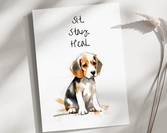 Funny get well soon card, funny dog get well card, cute dog get well card, sit stay heal card, puppy get well card, feel better soon card