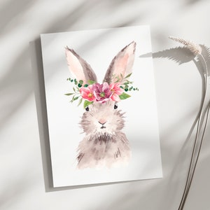 Carte de Pâques lapin avec fleurs, carte de correspondance de Pâques vierge, cartes de correspondance vierges, cartes de correspondance pliées, carte de lapin floral aquarelle