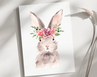 Bunny Rabbit with flowers Easter Card, Blank Easter note card, Blank note cards, Folded Note cards, Watercolor floral bunny rabbit card