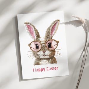 Carte de lapin de Pâques, broderie de faux lapin, jolie carte de lapin de Pâques, carte de lunettes de lapin de Pâques, carte de Pâques pour enfants, amis, lapins mignons