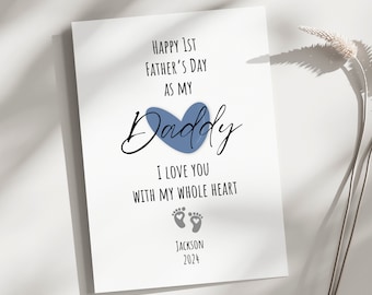 Personalized 1st fathers day daddy card, custom first fathers day from baby, happy first father's day daddy greeting card, with little feet