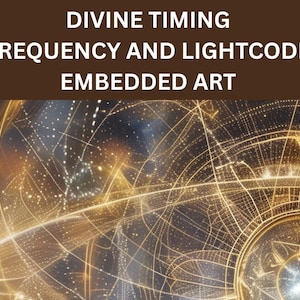 Puede incluir: Arte digital abstracto con temática celestial. La imagen presenta una red de líneas y puntos brillantes en tonos dorados y blancos sobre un fondo oscuro. El texto en la parte superior dice "DIVINE TIMING FREQUENCY AND LIGHTCODE EMBEDDED ART."