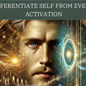 Könnte beinhalten: Digitales Kunstwerk, das ein Männergesicht mit blauen Augen und Bart vor einem Hintergrund aus wirbelndem goldenem und blauem Licht zeigt. Der Text "DIFFERENTIATE SELF FROM EVENTS ACTIVATION" ist enthalten.