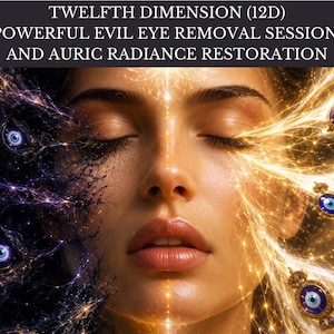 May include: Digital art featuring a woman with closed eyes, split down the middle with dark and light energy. The dark side has floating blue eyes, while the light side has golden energy and evil eye charms. Text at the top reads: TWELFTH DIMENSION (12D).