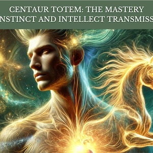 May include: Digital art featuring a centaur-like figure with a human upper body and a horse lower body. The image has a celestial theme with glowing gold and teal colors. Text at the top reads "CENTAUR TOTEM: THE MASTERY OF INSTINCT AND INTELLECT TRANSMISSION."