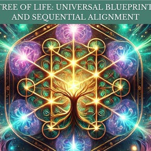 Può includere: Un'illustrazione digitale artistica con il simbolo dell'Albero della Vita. L'immagine ha un banner verde scuro in alto con il testo "TREE OF LIFE: UNIVERSAL BLUEPRINT AND SEQUENTIAL ALIGNMENT". L'opera è un mix vibrante di colori.
