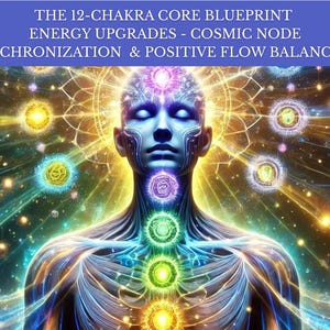 Op de afbeelding: Digitale illustratie van een menselijke figuur met gloeiende energiecentra, of chakra's, langs het lichaam. De afbeelding heeft levendige kleuren en de tekst "THE 12-CHAKRA CORE BLUEPRINT ENERGY UPGRADES - COSMIC NODE SYNCHRONIZATION & POSITIVE FLOW BALANCING".