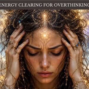 May include: A digital illustration featuring the text ENERGY CLEARING FOR OVERTHINKING above a person with closed eyes, hands touching their temples, adorned with gold rings and intricate hand jewelry against a backdrop of glowing cosmic light.