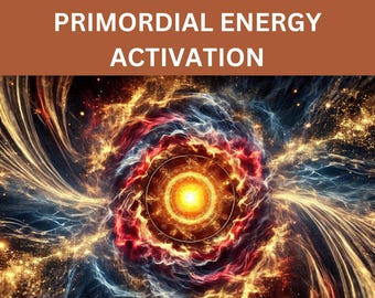 May include: An abstract digital art piece with the text "PRIMORDIAL ENERGY ACTIVATION" at the top. The image features a swirling vortex of colors, including gold, red, blue, and white, with a bright central core.