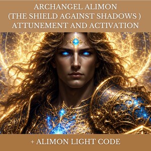 May include: A digital illustration of a figure with long wavy hair, glowing blue eyes, and a blue gemstone on the forehead. The figure wears ornate gold and blue armor with wings in the background. Text reads: ARCHANGEL ALIMON (THE SHIELD AGAINST SHADOWS) ATTUNEMENT AND ACTIVATION + ALIMON LIGHT CODE.