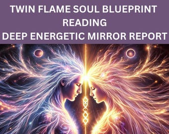 May include: Digital art featuring two figures facing each other, with flowing hair and energy patterns in blue, purple, and gold. The image has text at the top that reads "TWIN FLAME SOUL BLUEPRINT READING DEEP ENERGETIC MIRROR REPORT."