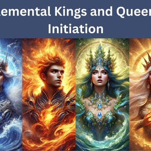 May include: Digital artwork depicting four figures, titled "Elemental Kings and Queens Initiation." Each figure, adorned with crowns, represents an element: water, fire, earth, and air. The artwork features detailed imagery, with each figure embodying a different element.