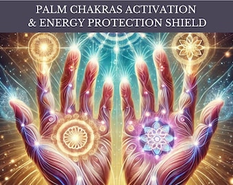 May include: Digital art depicting two hands with intricate energy patterns and glowing orbs. The image features the text "PALM CHAKRAS ACTIVATION & ENERGY PROTECTION SHIELD" at the top. The hands are rendered in shades of red, purple, and gold.