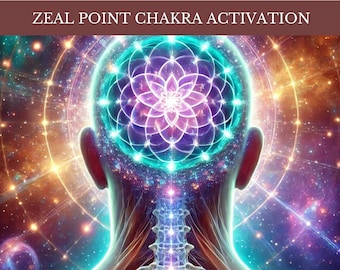 May include: Digital art depicting the back of a person's head with a glowing, multi-colored energy field. The image features a complex geometric pattern within the head, surrounded by a cosmic background. Text at the top reads "ZEAL POINT CHAKRA ACTIVATION."
