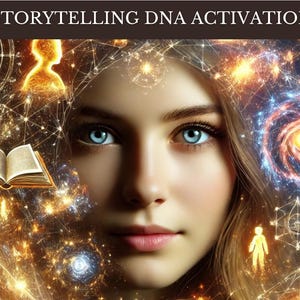 Può includere: Opera d'arte digitale raffigurante una donna con occhi blu, circondata da immagini celesti e un libro aperto. Il testo "STORYTELLING DNA ACTIVATION" è in alto. L'opera ha un tema mistico e spirituale, con elementi cosmici.