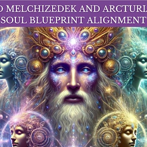 May include: A digital art print featuring a central figure with a long white beard and blue eyes, surrounded by ethereal figures and cosmic elements. The image has the text "12D MELCHIZEDEK AND ARCTURIAN SOUL BLUEPRINT ALIGNMENT" at the top.
