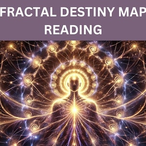 May include: Digital artwork with the text "FRACTAL DESTINY MAP READING". The image shows a central, radiant golden figure, encircled by complex, swirling patterns in gold, purple, and blue, evoking a sense of spirituality or the metaphysical.