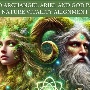 May include: Digital artwork depicting Archangel Ariel and God Pan, both with green eyes and surrounded by natural imagery. The image has a mystical theme, with the text "12D ARCHANGEL ARIEL AND GOD PAN NATURE VITALITY ALIGNMENT" at the top.