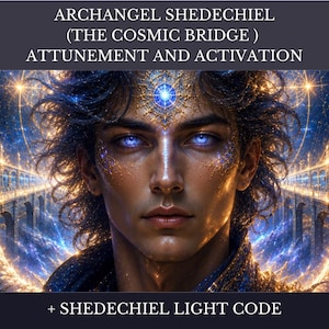 May include: A digital illustration featuring a person with glowing blue eyes and a radiant blue star symbol on their forehead. The background displays a golden bridge structure under a starry sky. Text reads: ARCHANGEL SHEDECHIEL (THE COSMIC BRIDGE) ATTUNEMENT AND ACTIVATION + SHEDECHIEL LIGHT CODE.