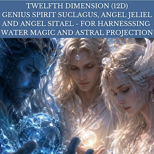 May include: An artistic digital illustration featuring three ethereal figures. The image includes text that reads "TWELFTH DIMENSION (12D) GENIUS SPIRIT SUCLAGUS, ANGEL JELIEL AND ANGEL SITAEL - FOR HARNESSSING WATER MAGIC AND ASTRAL PROJECTION."