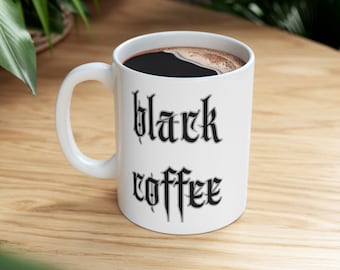 Black Coffee White Ceramic Mug, (11oz), black metal lovers mug, raven, skull