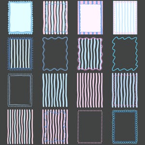 Può includere: Una collezione di sedici cornici disegnate a mano in vari stili. Le cornici presentano una varietà di design, tra cui bordi smerlati, motivi a righe e bordi pieni. La tavolozza dei colori include sfumature di blu, rosa e bianco su uno sfondo grigio scuro.