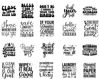 May include: A collection of black and white bathroom-themed wall art with various quotes and phrases. The designs include text like "Close the damn lid," "Bless our little home," and "A clean bowl is our goal." The art is suitable for bathroom decor.
