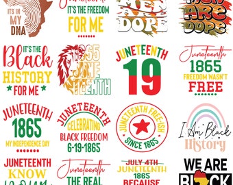 May include: A collection of sixteen graphic designs featuring Juneteenth themes, including text such as 'It's in my DNA', 'Black Men Are Dope', 'Juneteenth 1865', 'I Am Black History', and 'We Are Black History' with various illustrations of Africa, lions, and stars.