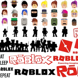 May include: A digital illustration of a Roblox logo with the text "Roblox" in red and black. The logo is surrounded by various avatars and characters, including a robot, a knight, and a ninja. The text "Eat, Sleep, Roblox, Repeat" is also included in the image.