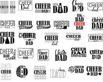 May include: A collection of 25 black and white graphic designs featuring the text "Cheer Dad" in various styles and fonts. Some designs include cheerleading related imagery such as pom-poms, megaphones, and footballs.