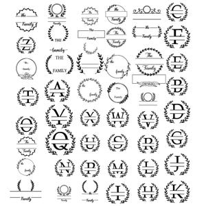 May include: A collection of black and white family crest designs. Each design features the words "The Family" or a single letter, surrounded by laurel wreaths and decorative elements. Ideal for personalized gifts.