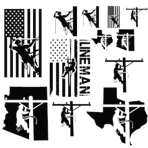 Può includere: Una collezione di illustrazioni in bianco e nero raffiguranti un elettricista al lavoro su linee elettriche. Alcuni disegni incorporano la bandiera americana, mentre altri mostrano il contorno degli stati del Texas e dell'Arizona. Viene visualizzata anche la parola "LINEMAN".