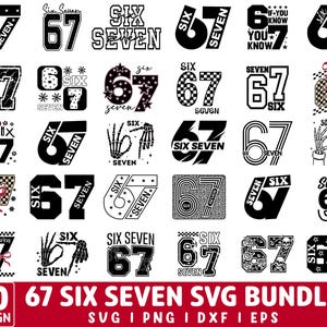 Może przedstawiać: Zestaw 30 czarno-białych wzorów "Six Seven". Wzory zawierają liczby 67, słowa "Six Seven" oraz elementy dekoracyjne, takie jak gwiazdy, szkielety i wzory w szachownicę. Widoczny jest również tekst "67 SIX SEVEN SVG BUNDLE".