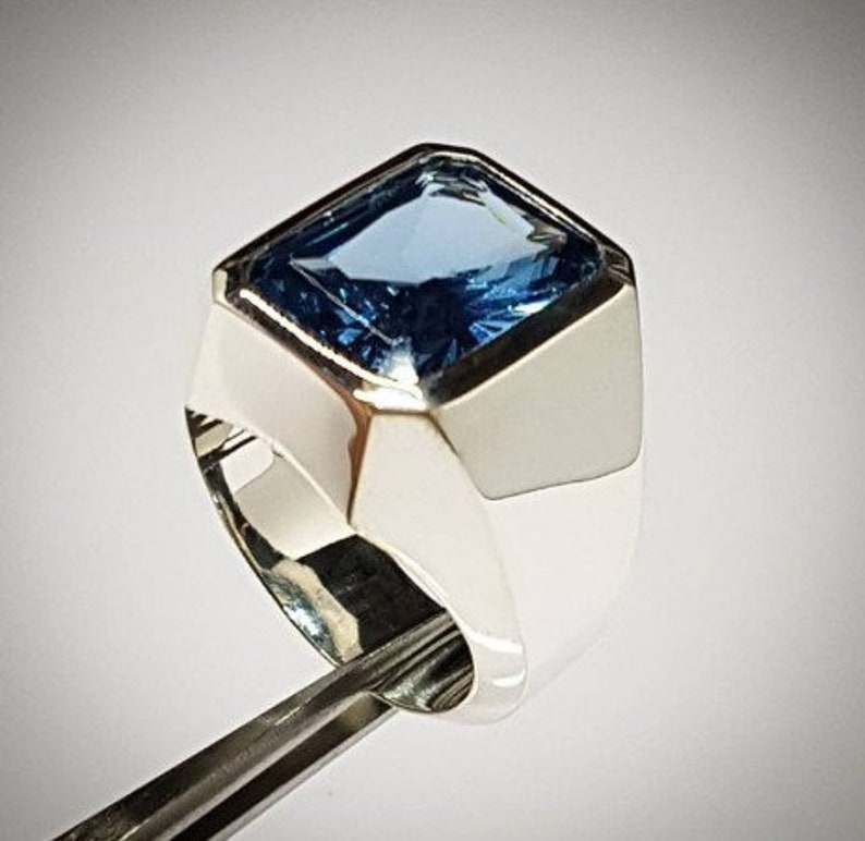 Mens London Blue Topaz Ring, Solid Silver, 1216MM Emerald Cut Gemstone ...