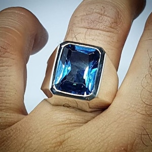 Mens London Blue Topaz Ring, Solid Silver, 1216MM Emerald Cut Gemstone ...