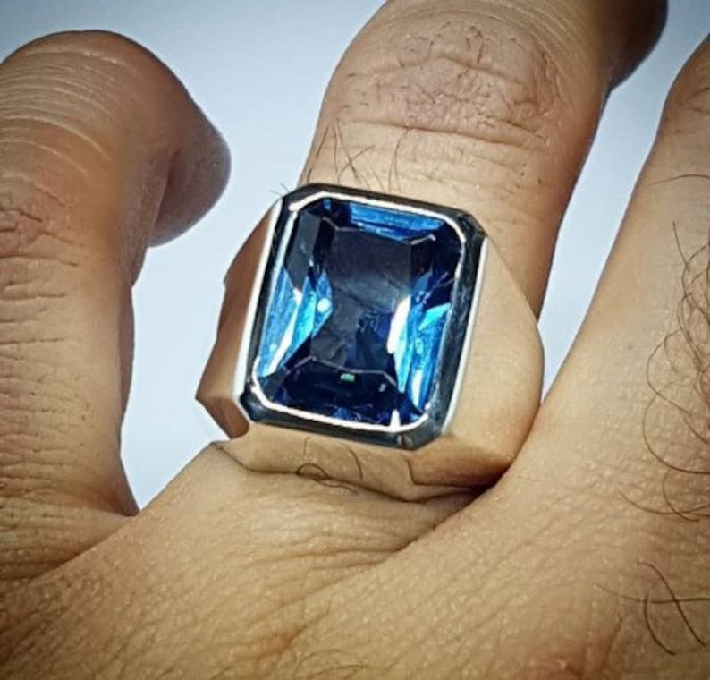 Mens London Blue Topaz Ring, Solid Silver, 1216MM Emerald Cut Gemstone ...