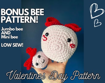 Jumbo Bee and BONUS Mini Bee Valentines Day Crochet Pattern Crochet Bee Beginner Friendly LOW SEW Amigurumi pdf