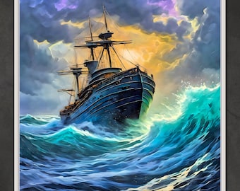 May include: A large, dark blue sailing ship with white sails navigates through a stormy sea. The ship is caught in a large wave, with the crest of the wave breaking over the bow. The sky is a mix of dark blue and purple clouds with a hint of orange in the distance.