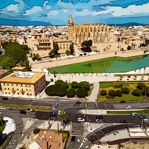 May include: An aerial view of a city with a large cathedral in the center. The cathedral has a tall spire and is surrounded by a green park. There are buildings and streets in the background.