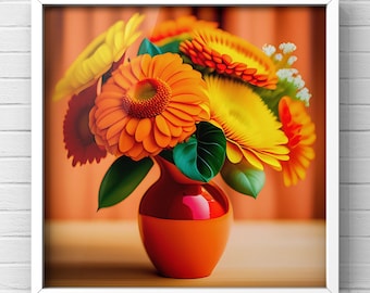 May include: A bouquet of orange, yellow, and red flowers in a red and orange vase. The flowers are arranged in a vase on a wooden table.